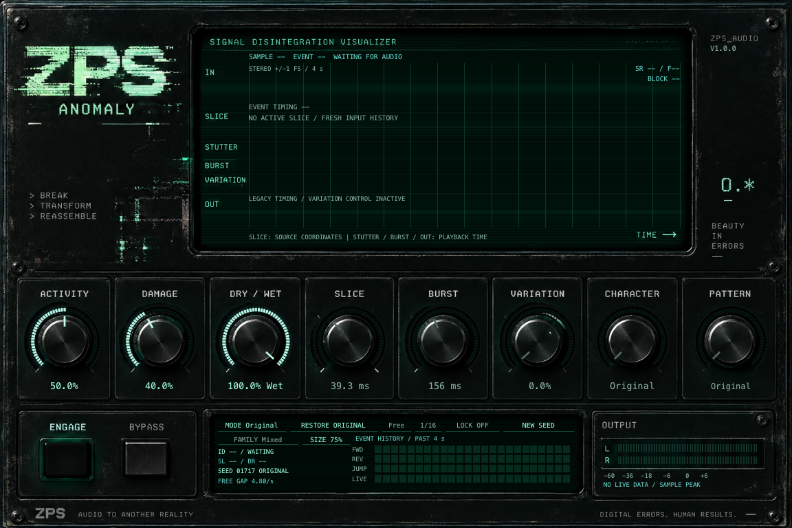 Anomaly 1.0.0 native interface with green signal displays, Activity, Damage, Dry/Wet and shaping controls