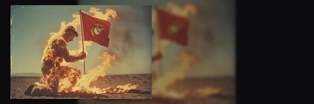 A stylized kneeling figure surrounded by flames holds a red Marine Corps flag; the image extends into a blurred banner background.