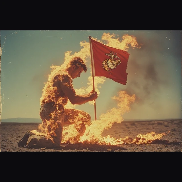 A stylized kneeling figure surrounded by flames holds a red Marine Corps flag, centered within a black square frame.