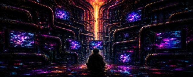 A seated figure faces glowing glitch-filled screens between dark industrial structures and a vertical orange light.