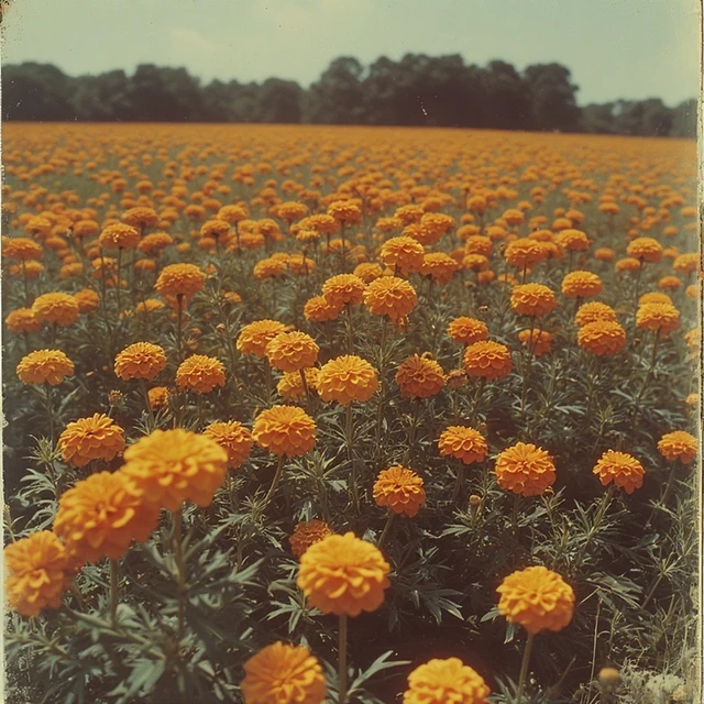 An orange flower field beneath a muted green sky, with a weathered photographic border.