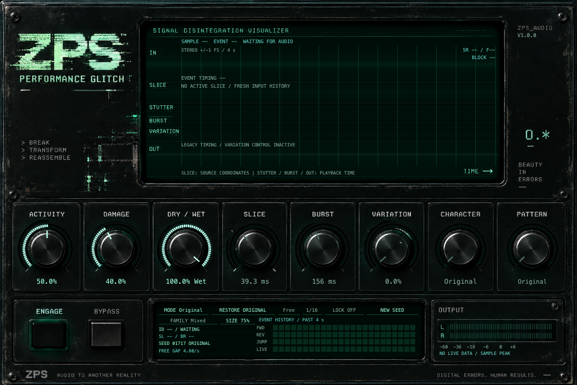ZPS Performance Glitch 1.0.0 native interface with green signal displays, Activity, Damage, Dry/Wet and shaping controls