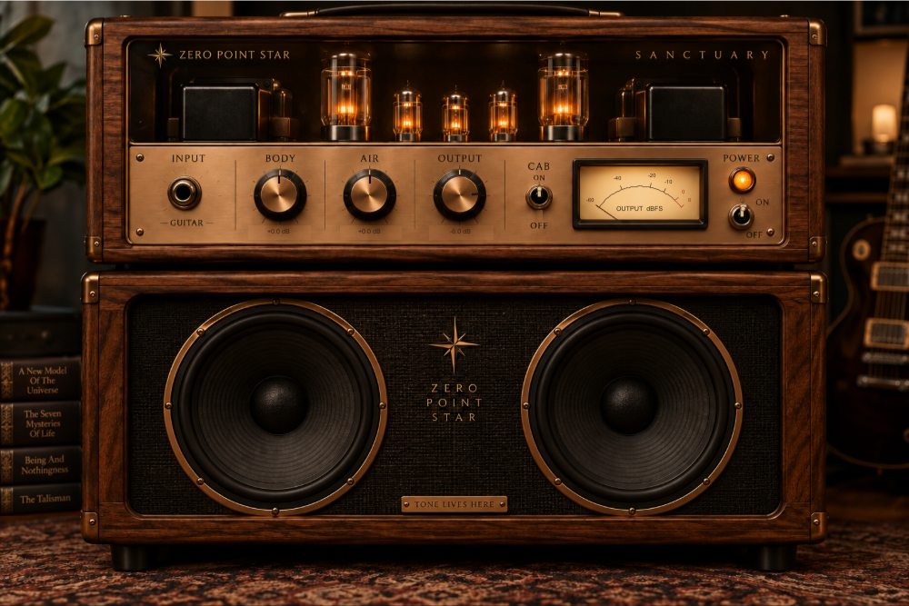 Sanctuary final approved native interface, walnut and copper amp with tubes, speakers and four book spines