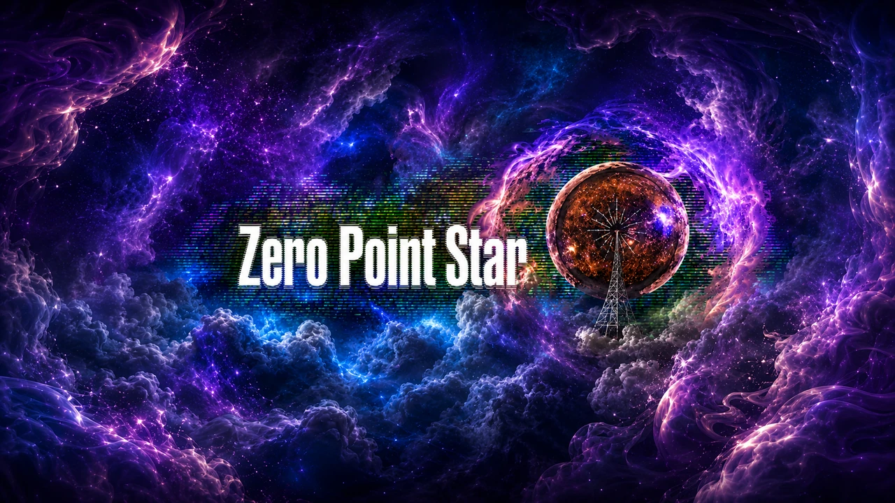 Zero Point Star lettering beside a radio tower and glowing orb in cosmic clouds.